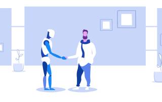 Ein Kaufinteressent schüttelt einem Roboter, der ihm die Immobilie zeigt, die Hand | Digitaler Makler