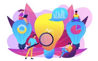 Illustration: Menschen an mobilen Endgeräten und mit Lupe prüfen, wie viel eine Immobilie wirklich wert ist, um eine passende Preisstrategie und den optimalen Angebotspreis festlegen zu können, Diagramme symbolisieren die professionelle Auswertung und Glühbirnen symbolisieren die richtige Erkenntnis | Immobilienbewertung