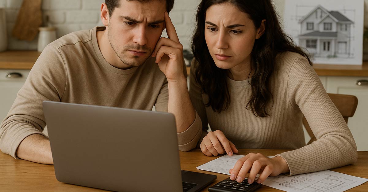 Ein Paar vor einem Laptop mit Taschenrechner überlegt zum Thema Immobilienfinanzierung