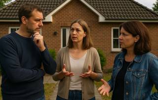 Eine Erbengemeinschaft von drei Geschwistern beratschlagt vor der Erbimmobilie, wie sie damit umgehen wollen - verkaufen, behalten, vermieten | Immobilie Erbe