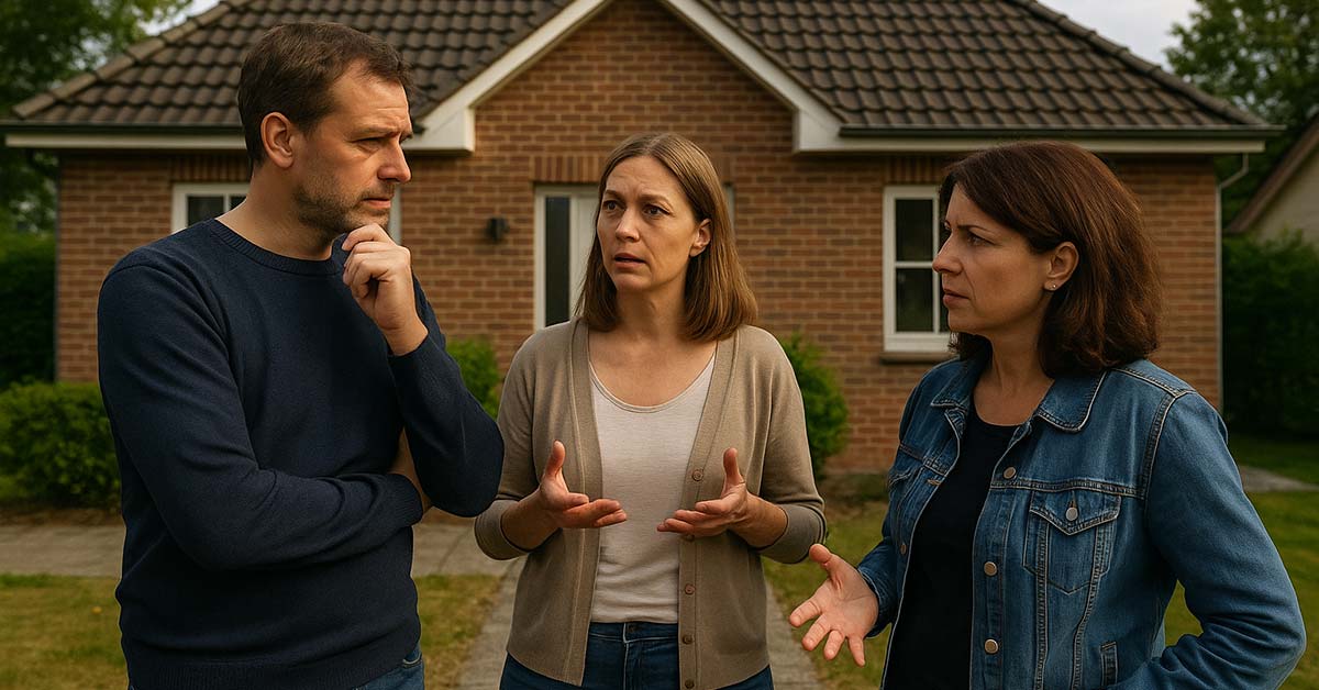 Eine Erbengemeinschaft von drei Geschwistern beratschlagt vor der Erbimmobilie, wie sie damit umgehen wollen - verkaufen, behalten, vermieten | Immobilie Erbe