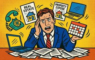 Ein vom Immobilienverkauf überforderter Eigentümer, um den Unterlagen, Laptop, Kalender, Telefon, Exposés fliegen als Zeichen der Überforderung | Immobilienverkauf