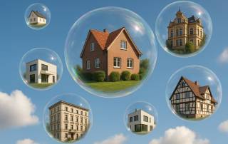 Immobilien in Blasen, die das Thema Immobilienmarkt veranschaulichen sollen