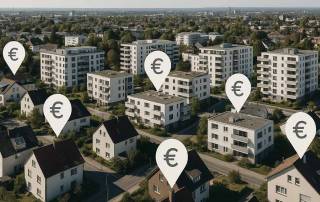 eine Stadt mit Pins an den Häusern und Eurozeichen darin