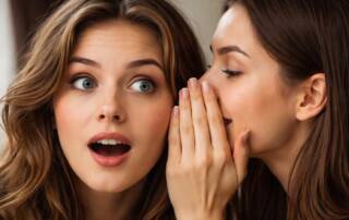 Eine Frau flüstert einer anderen Frau etwas ins Ohr als Symbolbild für diskreten Immobilienverkauf | Immobilienverkauf