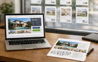 Laptop mit geöffnetem Immobilienexposé auf einem Schreibtisch, daneben ein ausgedrucktes Exposé mit Grundriss; im Hintergrund sind im Schaufenster eines Maklerbüros weitere Immobilienangebote zu sehen – Symbol für die Kombination aus Online- und Offline-Vermarktung. | Immobilienverkauf