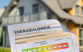 Ansicht eines Energieausweises, im Hintergrund ein Einfamilienhaus | Energieausweis