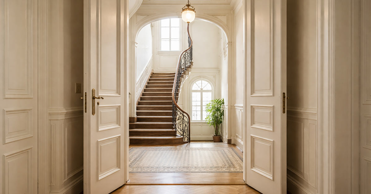 Helle, Altbau-Eigentumswohnung in einem gepflegten Mehrfamilienhaus, Blick vom Flur der Wohnung durch eine offene Altbau-Wohnungstür in ein sauberes, Altbau-Treppenhaus, viel natürliches Tageslicht, aufgeräumt und hochwertig, professionelle Immobilienfotografie, realistisch, hohe Auflösung, weiche Lichtstimmung | Immobilienverkauf