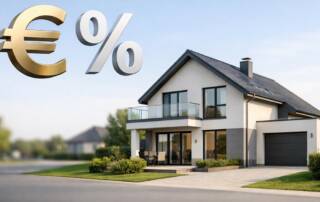 Modernes Einfamilienhaus mit Euro-Symbol und Prozentzeichen als schwebende grafische Elemente über dem Haus - Symbolbild für den Immobilienverkauf mit laufendem Kredit | Immobilieverkauf mit bestehendem Darlehen - Vorfälligkeitsentschädigung