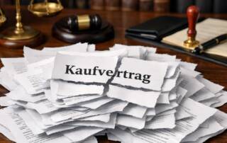 Auf dem Schreibtisch in einem Büro eines Notars liegt ein kleiner zerrissener Stapel eines Kaufvertrags, etwa 20 A4-Seiten. Auf dem Vertrag ist "Kaufvertrag zu lesen - also entsprechend dem Riss. Verkauf gescheitert