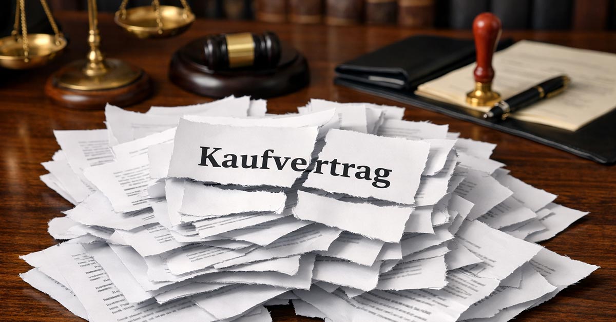 Auf dem Schreibtisch in einem Büro eines Notars liegt ein kleiner zerrissener Stapel eines Kaufvertrags, etwa 20 A4-Seiten. Auf dem Vertrag ist "Kaufvertrag zu lesen - also entsprechend dem Riss. Verkauf gescheitert
