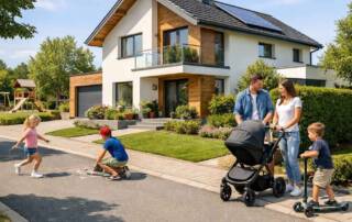 Modernes Einfamilienhaus in einer ruhigen, familienfreundlichen Wohngegend, gepflegte Vorgärten, breite saubere Straße, spielende Kinder auf dem Gehweg, junge Familie mit Kinderwagen vor dem Haus, viel Grün, Bäume und ein kleiner Spielplatz im Hintergrund. Lage Immobilienkauf