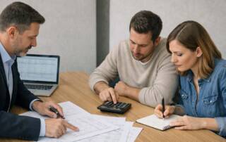 Ein Immobilienmakler sitzt mit einem Paar (ca. 30–45 Jahre) an einem Tisch. Auf dem Tisch liegen sichtbar strukturierte Unterlagen mit Kostenaufstellungen, Taschenrechner, Notizblock mit Zahlen, Laptop mit Tabellenansicht. Der Makler zeigt mit einem Stift auf eine Kostenposition, während das Paar konzentriert mitrechnet. Immobilienkauf