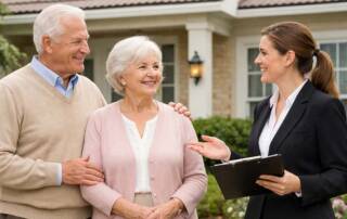 Eine Maklerin berät ein Seniorenpaar vor deren Immobilie- Makleralleinauftrag