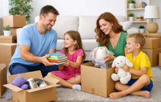 Eine Familie mit zwei Kindern packt in einem Wohnzimmer Umzugskartons aus. - Symbolbild dafür, dass der Immobilienkauf mit der richtigen Finanzierung geklappt hat | Immobilienfinanzierung