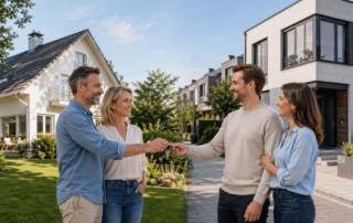 Vier Erwachsene stehen zwischen einem Einfamilienhaus und einer modernen Stadtvilla und übergeben sich symbolisch einen Schlüssel als Zeichen für einen Immobilientausch. | Immobilientausch