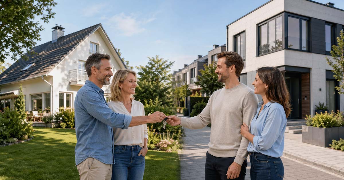 Vier Erwachsene stehen zwischen einem Einfamilienhaus und einer modernen Stadtvilla und übergeben sich symbolisch einen Schlüssel als Zeichen für einen Immobilientausch. | Immobilientausch