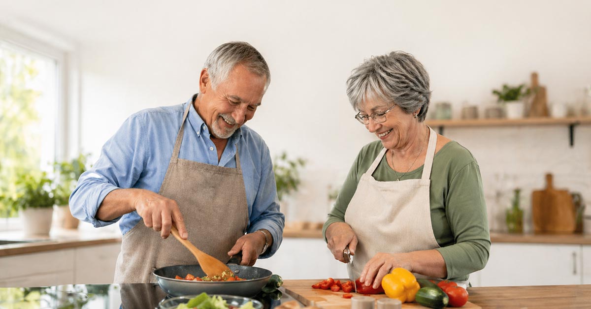 Älteres Paar kocht gemeinsam in einer hellen, modern gestalteten Küche – ein Beispiel für komfortables und barrierefreies Wohnen im Alltag. | Barrierfreier Umbau