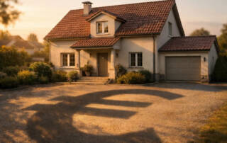 Gepflegte Immobilie mit klarer Architektur und ruhiger Ausstrahlung. Der Schatten des Hauses bildet dezent ein Euro-Symbol und verweist auf finanzielle Belastungen. Erbe Hypothek