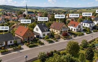 Luftaufnahme einer Wohnstraße mit Einfamilienhäusern und Preisangaben als Beispiel für das Vergleichswertverfahren bei Immobilien. | Vergleichswertverfahren