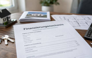 Finanzierungsnachweis liegt auf einem Tisch neben Hausschlüsseln, Modellhaus, Grundriss und Taschenrechner – Symbolbild für die Finanzierungsbestätigung beim Immobilienkauf. - Immobilienfinanzierung