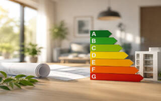 Energieeffizienzskala von A bis G neben Hausmodell und Bauplänen – Symbolbild für den Energieausweis beim Immobilienverkauf.