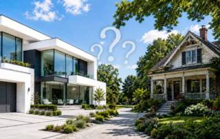 Ein moderner Neubau und ein älteres Bestandsgebäude stehen einander gegenüber und symbolisieren die Entscheidung zwischen neuem Zuhause und bestehender Immobilie. I Neubau oder Bestandsimmobilie?