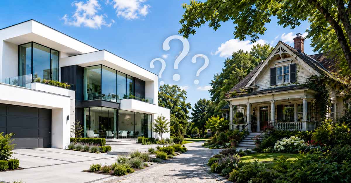 Ein moderner Neubau und ein älteres Bestandsgebäude stehen einander gegenüber und symbolisieren die Entscheidung zwischen neuem Zuhause und bestehender Immobilie. I Neubau oder Bestandsimmobilie?