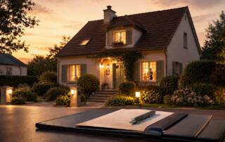 Einfamilienhaus bei Abendlicht mit Vertragsunterlagen im Vordergrund als Symbol für den Immobilienverkauf mit Wohnrecht. I Verkauf mit Wohnrecht