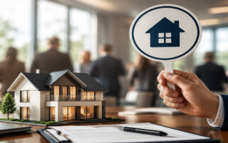 Immobilienmodell und Hand mit Haussymbol stehen für ein Bieterverfahren beim Immobilienverkauf. I Bieterverfahren