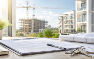 Kaufunterlagen, Baupläne und Schlüssel auf einem Schreibtisch vor moderner Neubauarchitektur – symbolisch für den Kauf einer Immobilie vom Bauträger. I Kauf vom Bauträger