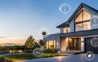 Modernes Einfamilienhaus mit vernetzten Smart-Home-Funktionen für Beleuchtung, Sicherheit, Heizung und Zugangskontrolle. I Smart-Home