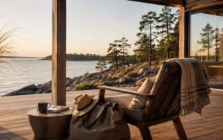 Sonnige Terrasse einer Ferienimmobilie am Wasser mit Sessel, Decke, Reisetasche und Blick auf eine bewaldete Küste I Ferienimmobilie