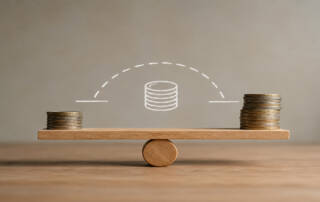 Zwei unterschiedlich hohe Münzstapel auf einer Holzwippe symbolisieren den finanziellen Ausgleich durch eine Zwischenfinanzierung. I Zwischenfinanzierung