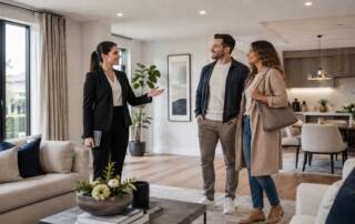 Immobilienmaklerin führt ein Paar durch ein modernes, helles Wohnzimmer – Symbolbild zum Thema professionelles Besichtigungsmanagement bei Immobilien.