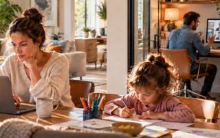 Familie im Homeoffice: Mutter arbeitet am Laptop, Kind macht Hausaufgaben und Vater nimmt an einer Videokonferenz teil – Homeoffice-Boom.